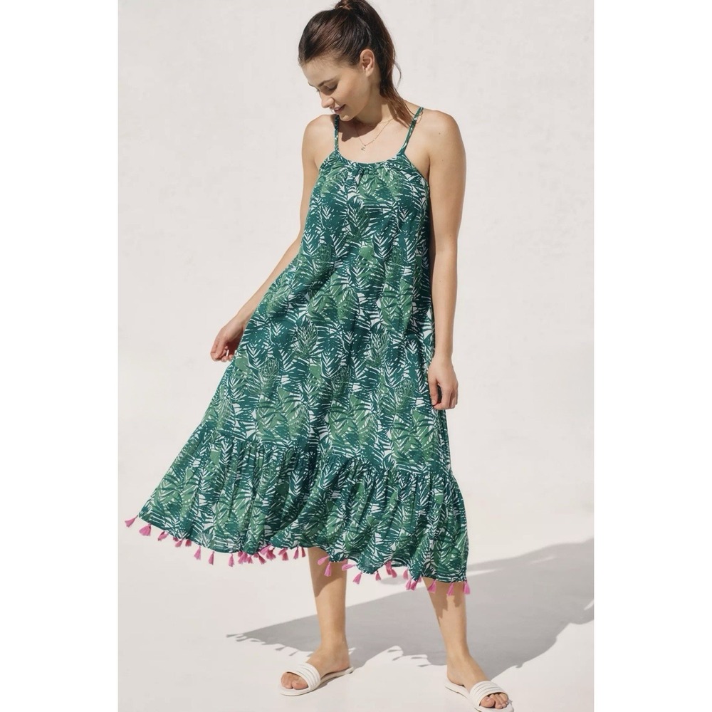 Anthropologie Mer St. Barth Chantal Maxi Dress Medium Green Palm‎ Tassel Boho